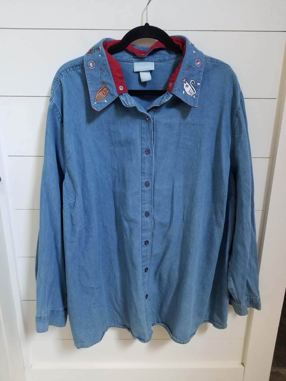Vtg Liz & Me Denim Removable Cat Christmas Collar Long Sleeve Button Up Size 3X